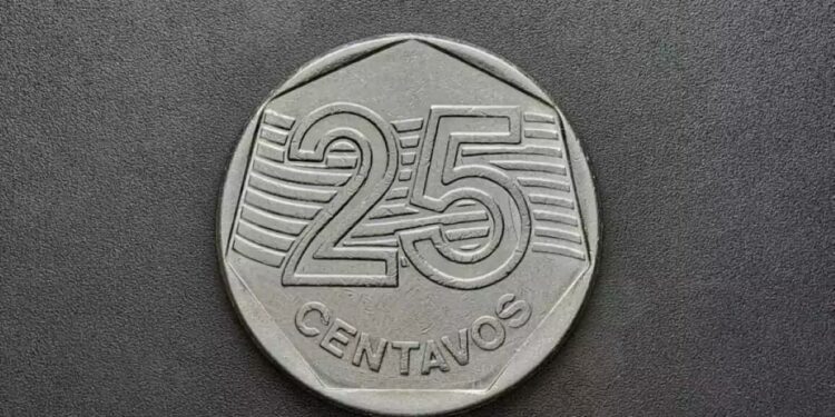 Reverso da moeda de 25 centavos de 1995, em aço inoxidável, destacando o numeral 25 centralizado sobre fundo de linhas diagonais.