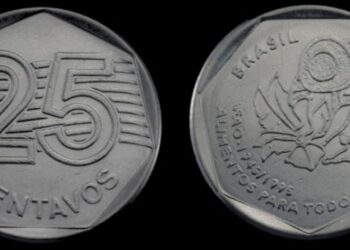 Frente e verso da moeda de 25 centavos comemorativa da FAO de 1995, mostrando o desenho do semeador e a inscrição 'Alimentos para Todos'.