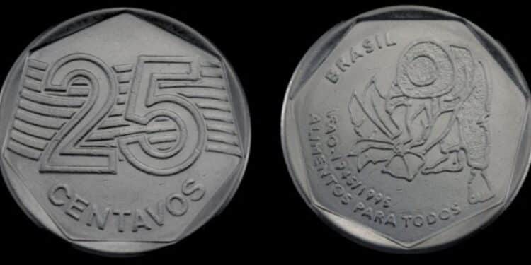 Visão frontal e traseira da moeda de 25 centavos da FAU de 1995, mostrando o valor de face e a ilustração de um homem plantando com a frase "alimentos para todos".