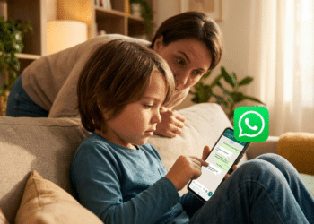 Menino sentado no sofá mexendo no celular enquanto mulher observa ao lado