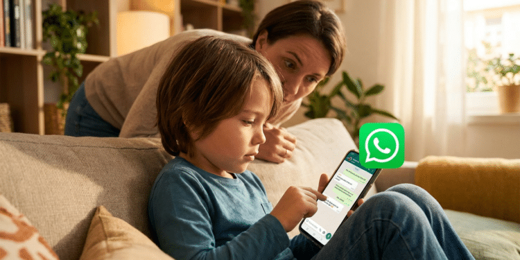 Menino sentado no sofá mexendo no celular enquanto mulher observa ao lado
