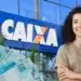 Fachada da Caixa Econômica Federal com mulher sorrindo em primeiro plano representando liberação de saque para diferentes finais de CPF