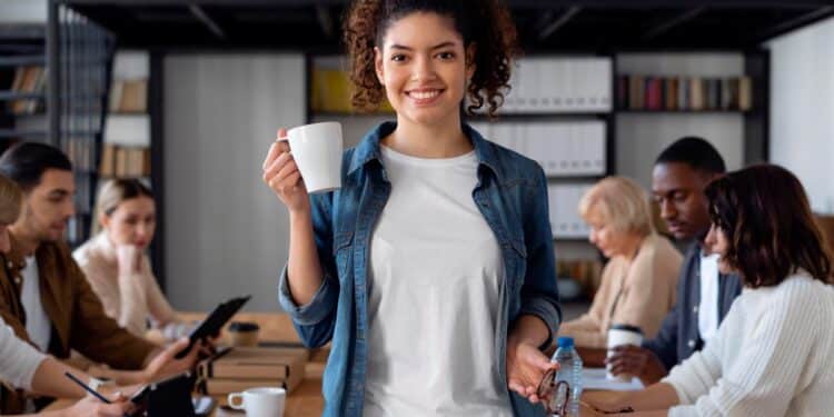 Jovens participando de uma reunião em ambiente de escritório, com foco no trabalho colaborativo, enquanto alguns estão com xícaras e outros com materiais de escritório.