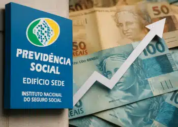 Placa do INSS Previdência Social com seta de crescimento e notas de reais ao fundo — pagamento INSS abril 2026