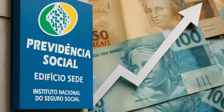 Placa do INSS Previdência Social com seta de crescimento e notas de reais ao fundo — pagamento INSS abril 2026