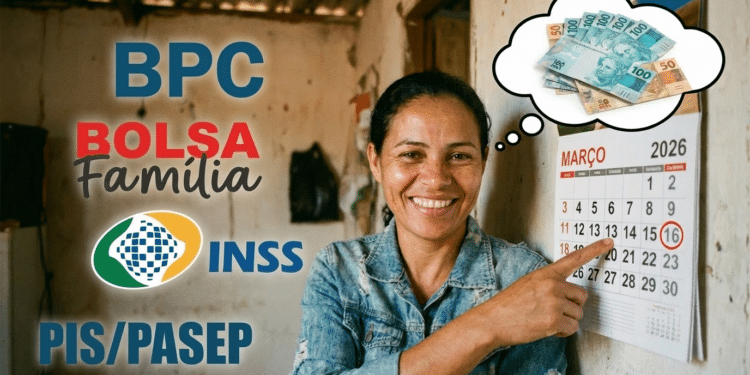 Mulher feliz aponta calendário marcado enquanto imagina notas de dinheiro