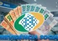 Notas de real nas mãos com símbolo do INSS ao fundo representando pagamentos acima de R$ 8 mil para beneficiários com finais 2 e 7