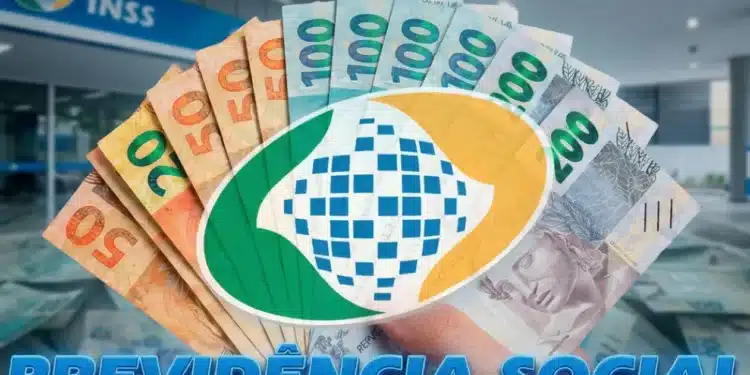 Notas de real nas mãos com símbolo do INSS ao fundo representando pagamentos acima de R$ 8 mil para beneficiários com finais 2 e 7