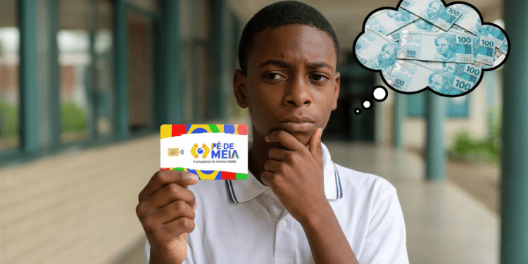 Jovem pensativo segura cartão Pé-de-Meia enquanto imagina cédulas de dinheiro brasileiro