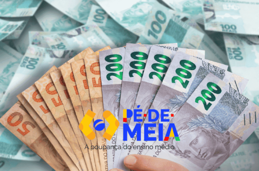 Notas de R$ 50 e R$ 200 destacando o calendário de pagamentos do Pé-de-Meia em março de 2026.