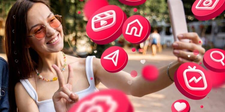 Usuária tirando selfie com celular enquanto elementos gráficos do Instagram ilustram novos recursos premium como stories anônimos.
