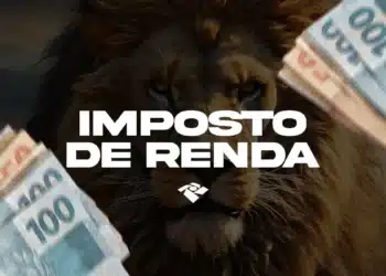 Imagem com leão ao fundo e texto Imposto de Renda em destaque com logo da Receita Federal e cédulas de R$ 100 representando o prazo final da declaração do IR 2026