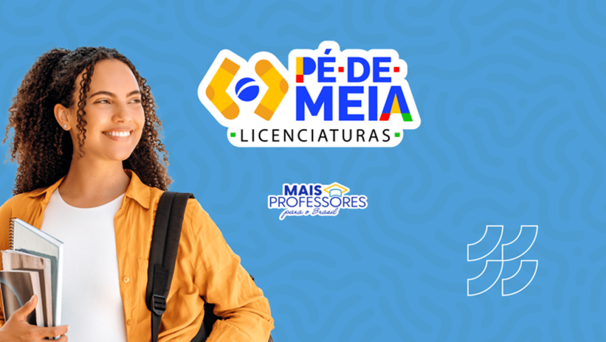Inscrições Pé-de-Meia Licenciaturas: jovem estudante fazendo sinal de positivo com cadernos e logomarca do programa ao fundo
