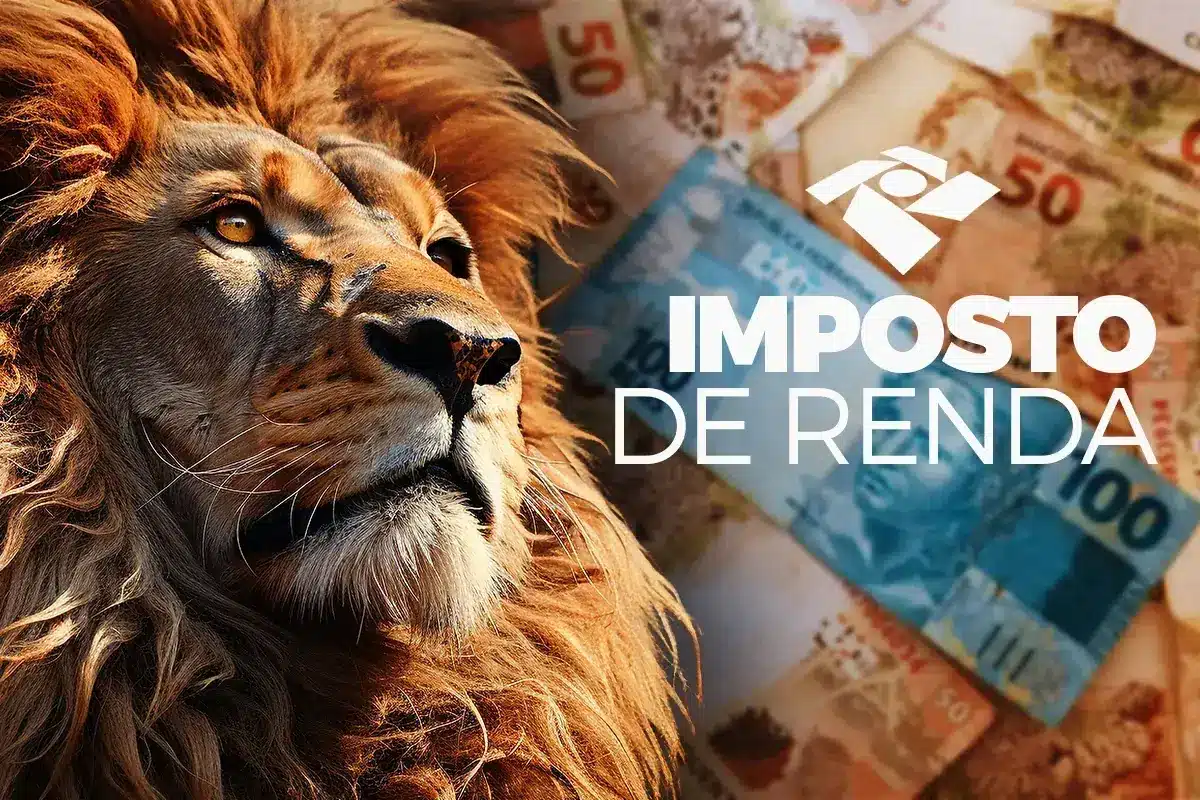 Ilustração do leão do Imposto de Renda com dinheiro brasileiro ao fundo simbolizando o período de entrega da declaração IRPF 2026.