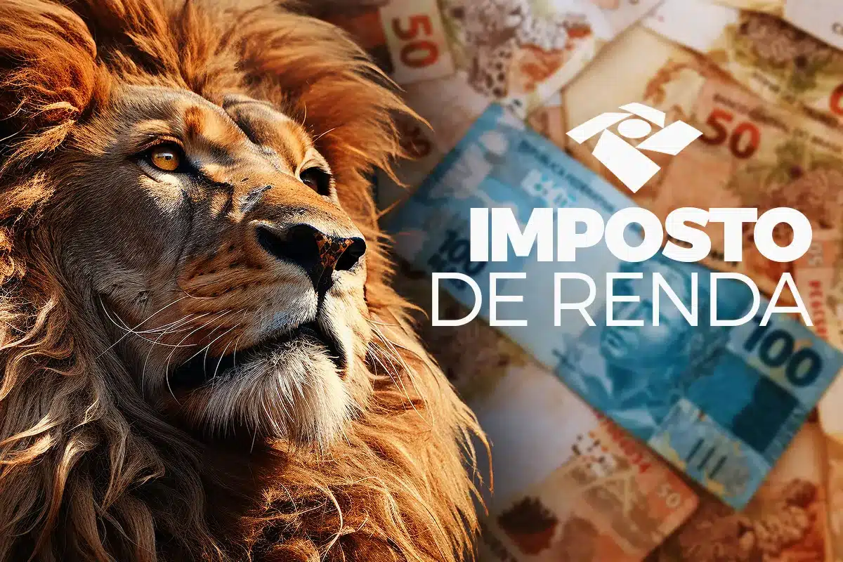 Leão ao lado do logotipo da Receita Federal e texto Imposto de Renda sobre cédulas de reais, representando a prioridade no recebimento da restituição do IR 2026