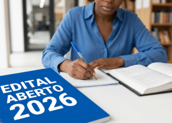 Pessoa escrevendo em caderno ao lado de apostila aberta com capa azul escrita "Edital Aberto 2026"