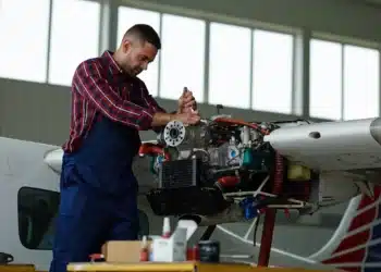 Técnico aeronáutico ajustando motor de avião, profissão técnica com altos salários.