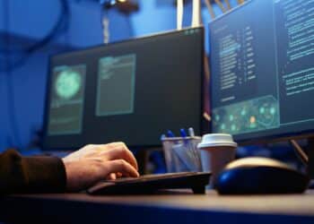 Profissional de tecnologia trabalhando em um ambiente de escritório moderno com dois monitores, digitando código, com um copo de café ao lado, refletindo as tendências das profissões digitais em 2026 no Brasil.