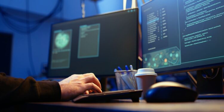 Profissional de tecnologia trabalhando em um ambiente de escritório moderno com dois monitores, digitando código, com um copo de café ao lado, refletindo as tendências das profissões digitais em 2026 no Brasil.