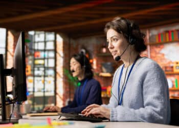Duas atendentes de call center com headset em frente ao computador — profissões impactadas pela automação e inteligência artificial com risco elevado de desaparecer até 2035
