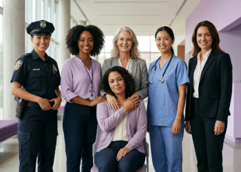 Seis mulheres diversas em trajes profissionais posam sorrindo em ambiente corporativo moderno