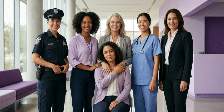 Seis mulheres diversas em trajes profissionais posam sorrindo em ambiente corporativo moderno