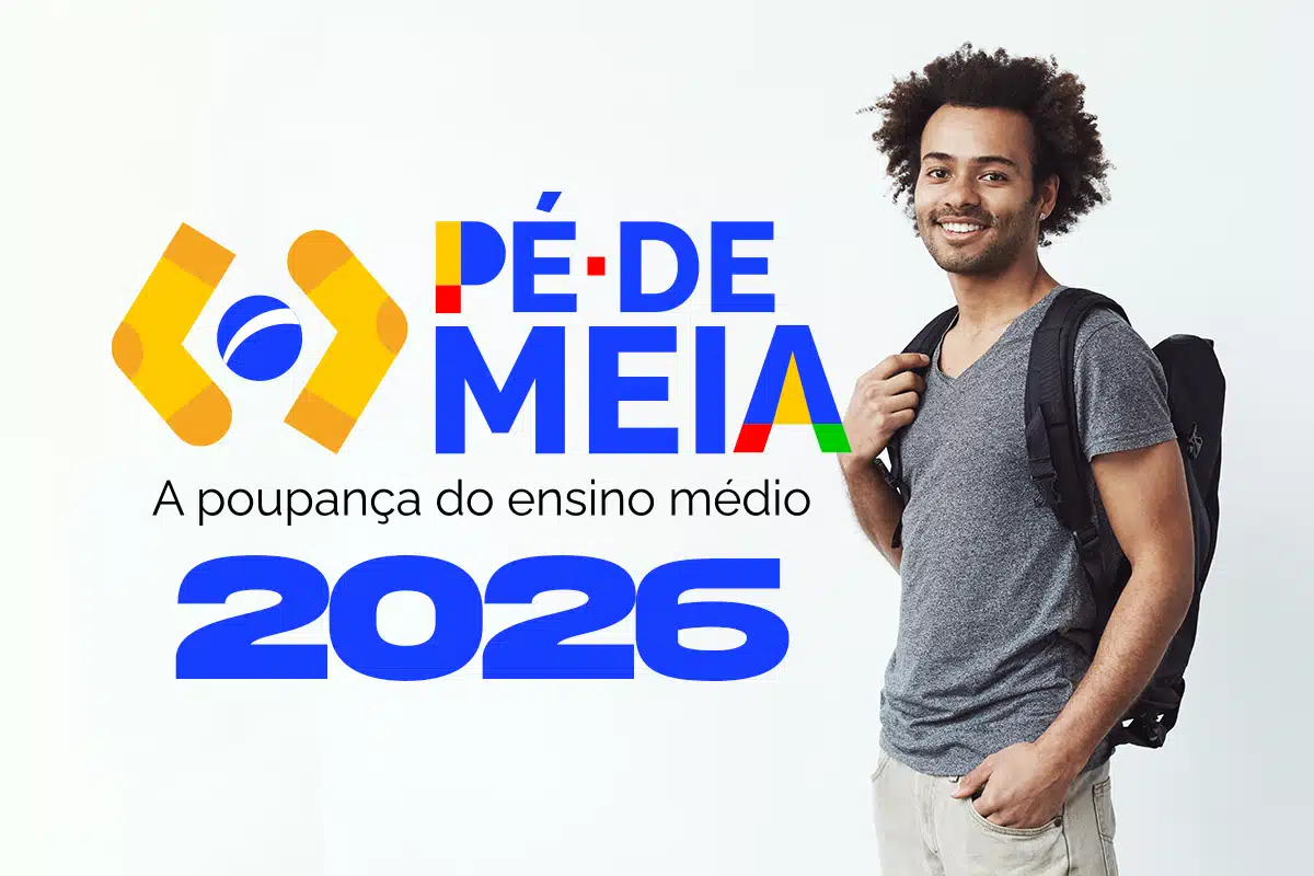 Jovem estudante com mochila ao lado do logotipo Pé-de-Meia a poupança do ensino médio 2026 representando as regras para saque de até R$ 2.200 do programa