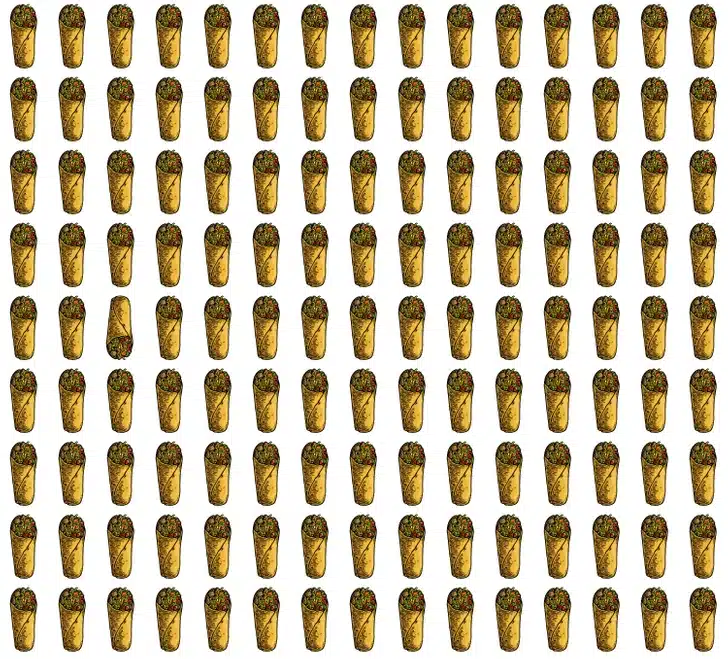 Quiz rápido com vários burritos desenhados alinhados, com um deles posicionado diferente dos demais