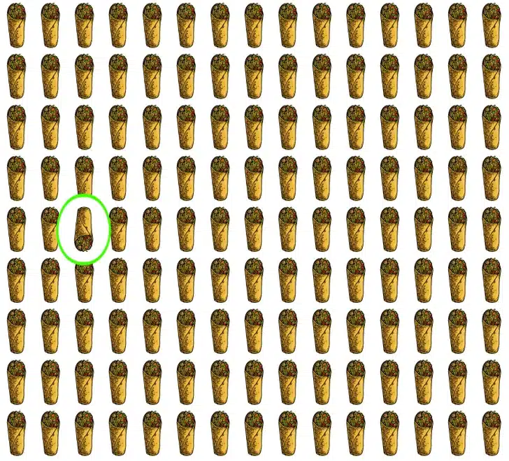 Quiz rápido com vários burritos desenhados alinhados, com um deles posicionado diferente dos demais