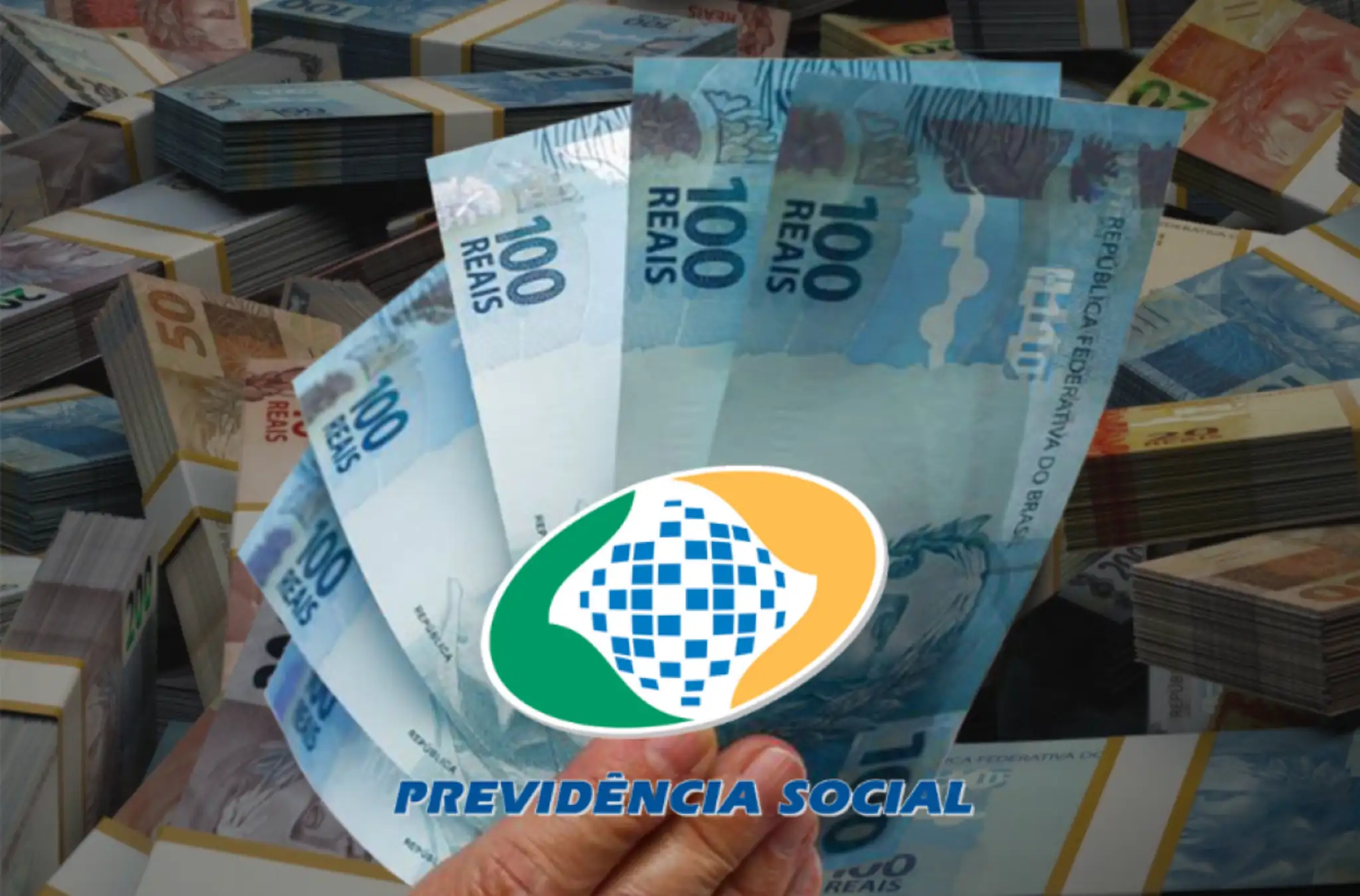 Notas de 100 reais com símbolo da Previdência Social ilustrando reajuste do INSS e novos valores do décimo terceiro dos aposentados em 2026.