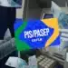 Caixa eletrônico com cartão PIS Pasep da Caixa e cédulas de reais ao redor