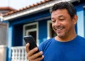 Homem consulta o celular para solicitar o Saque Calamidade de até R$ 6.220 pelo aplicativo do FGTS