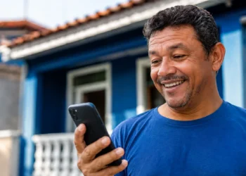 Homem consulta o celular para solicitar o Saque Calamidade de até R$ 6.220 pelo aplicativo do FGTS