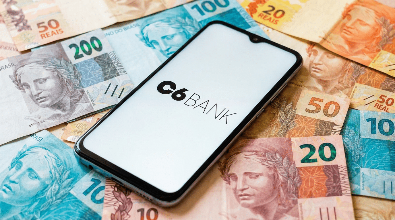 Celular com tela do C6 Bank sobre cédulas de reais de diferentes valores