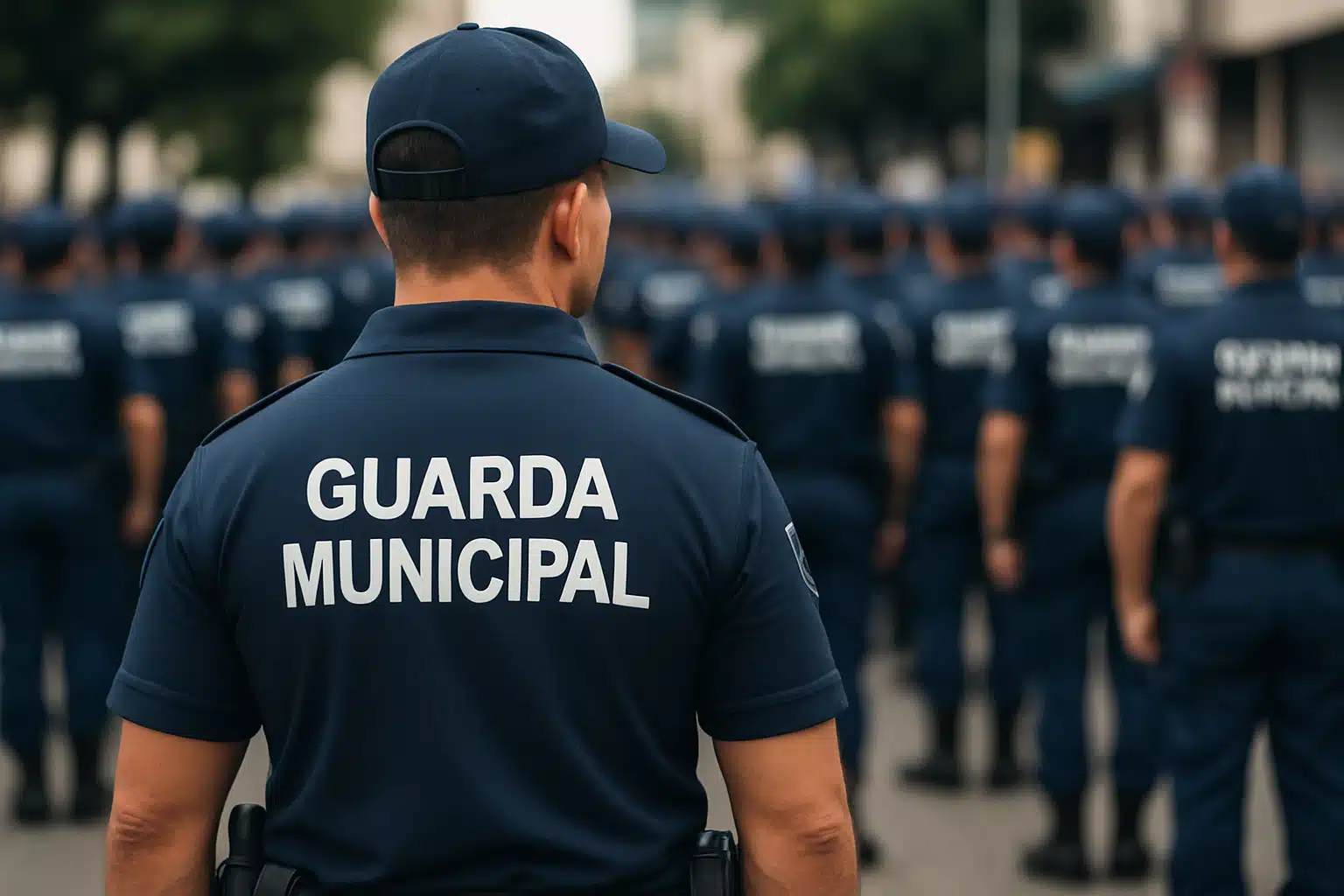 Agente da Guarda Municipal de costas observa colegas uniformizados em fila durante treinamento