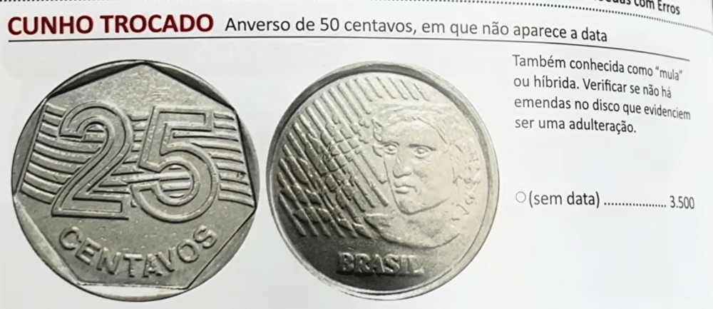 Página de catálogo de numismática detalhando a moeda de 25 centavos com cunho trocado, conhecida como moeda mula, sem data e com valor estimado de 3.500 reais.
