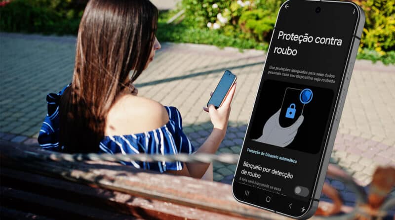 Mulher usando smartphone em área externa com ilustração de tela mostrando recurso de proteção contra roubo de celular.