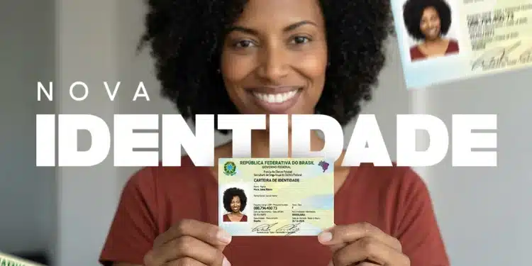Mulher sorrindo segura nova carteira de identidade nacional brasileira com destaque para campanha de modernização.