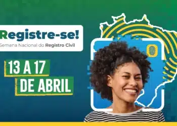 Banner da Semana Nacional do Registro Civil, com imagem de uma mulher sorrindo, destacando as datas e o mapeamento do Brasil, com ênfase na campanha de emissão gratuita de documentos.