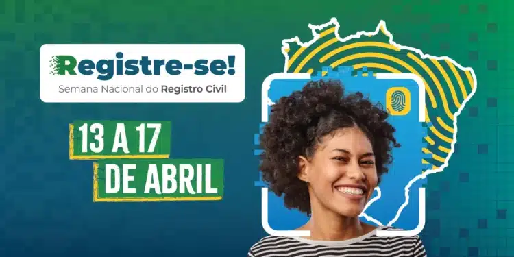 Banner da Semana Nacional do Registro Civil, com imagem de uma mulher sorrindo, destacando as datas e o mapeamento do Brasil, com ênfase na campanha de emissão gratuita de documentos.