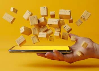 Caixas de papelão flutuam sobre smartphone.