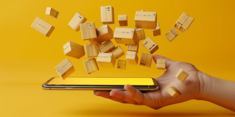 Caixas de papelão flutuam sobre smartphone.