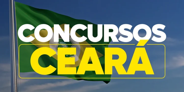 Imagem da bandeira do Brasil com o texto 'Concursos Ceará' em destaque sobre o céu azul, representando as vagas de concurso público no estado do Ceará.