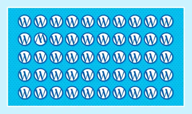 Grade com 50 logos do WordPress em fundo azul claro, sendo um com o "W" invertido na segunda linha