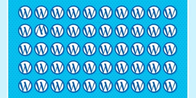 Grade com 50 logos do WordPress em fundo azul, com um símbolo diferente na segunda linha para desafio visual