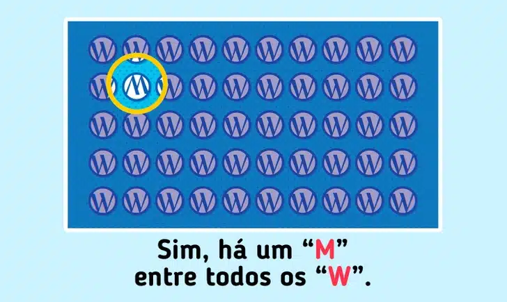 Desafio de perecepção com uma grade com 50 logos do WordPress em fundo azul, com um símbolo diferente na segunda linha para desafio visual