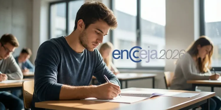 Ilustração de um aluno participando da prova do Encceja 2026 em sala de aula, focado em seus estudos.