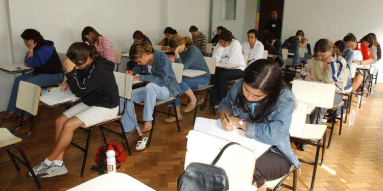 Estudantes participando de atividades educacionais, representando os cursos gratuitos oferecidos pelo Governo de SP na Baixada Santista.
