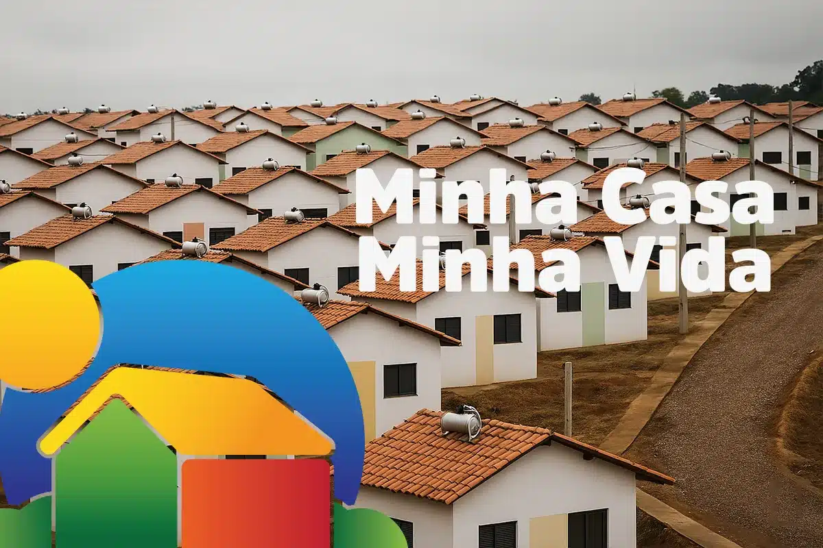 Conjunto habitacional do programa Minha Casa Minha Vida, com diversas casas e o logo oficial, ilustrando as novas regras que facilitam a compra de imóveis maiores e melhor localizados.