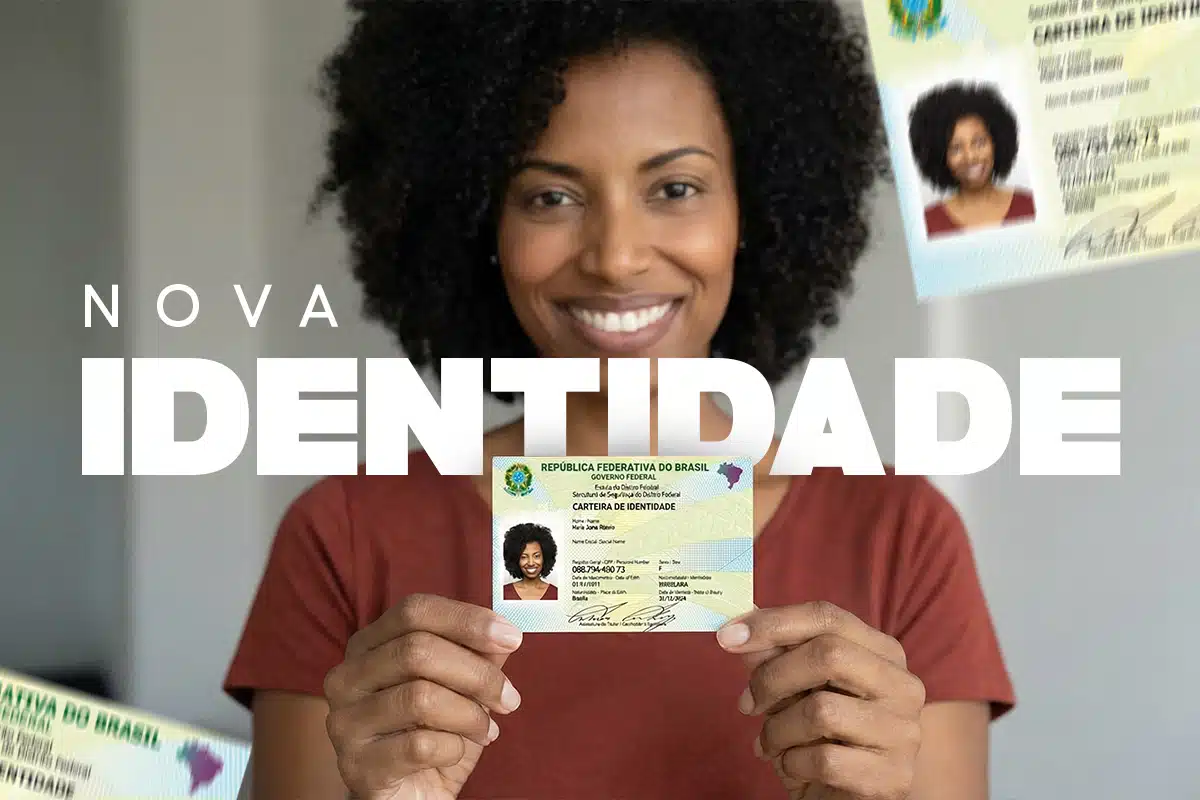 Mulher segurando nova carteira de identidade brasileira (CIN), destacando segurança e identificação biométrica no Brasil.